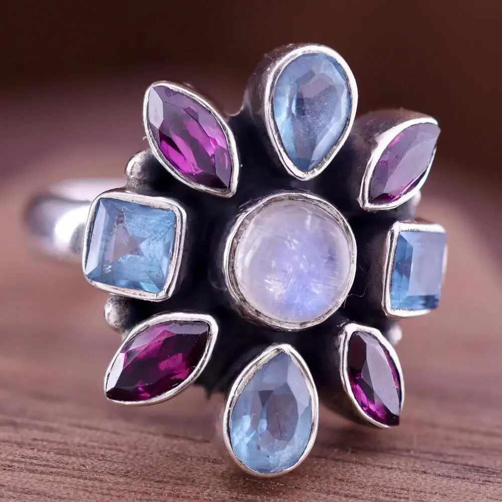 Nicky Butler Sterling Moonstone Blue Topaz Pink Tourmaline Gemstone Ring - Picture 5 of 9